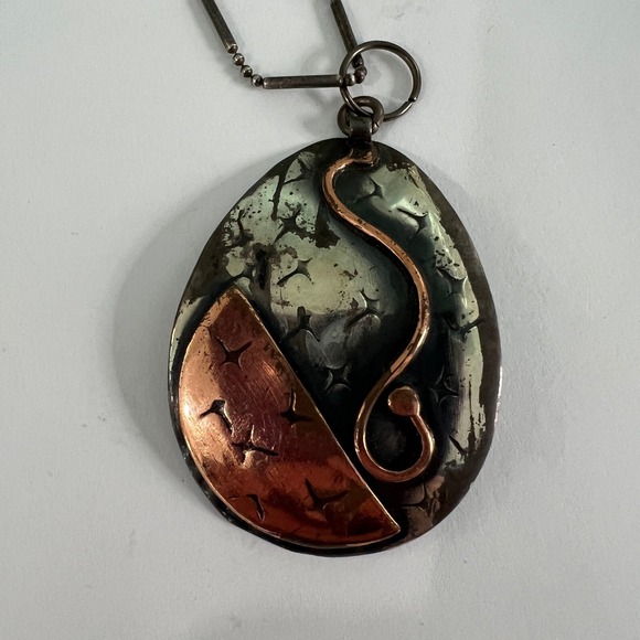 Vintage Shulamit Mixed‎ Metal Necklace Sterling and Copper Statement Pendant